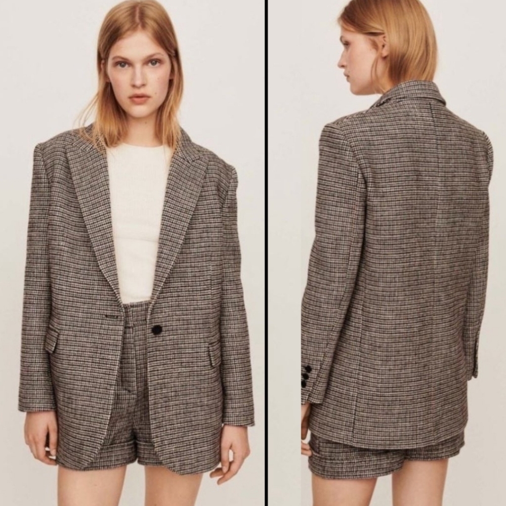 MAJE Womens Gregor Houndstooth Blazer Coat Single Button Checkered Wool Sz 36/ S
